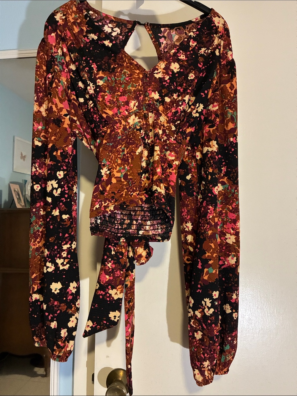Anthropologie Floral Smocked Tie-Back Blouse in Brown, Pink, Black
